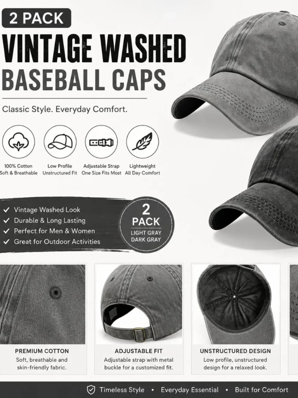 2Pack Vintage Washed Cotton Baseball Caps, Adjustable Low Profile Dad Hat, Uncon